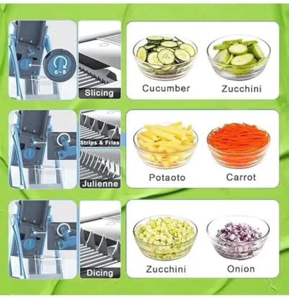 12-in-1 Multi-Function Vegetable Cutter & Mandoline Slicer with Container – Adjustable Grater, Julienne & Dicer